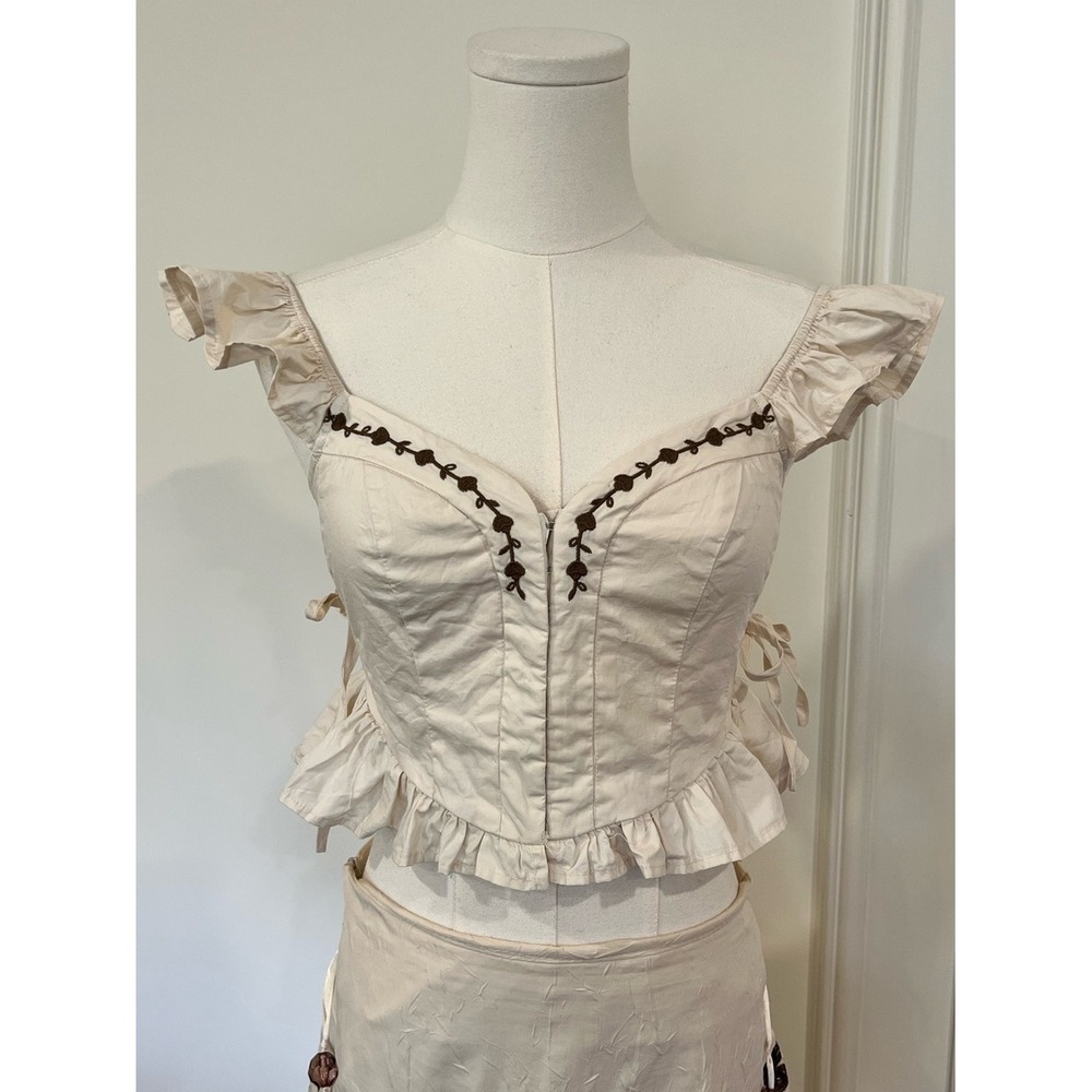 Moon River Cream Cotton Corset Top Flutter Sleeve Smocked Ruffle Rose Trim S